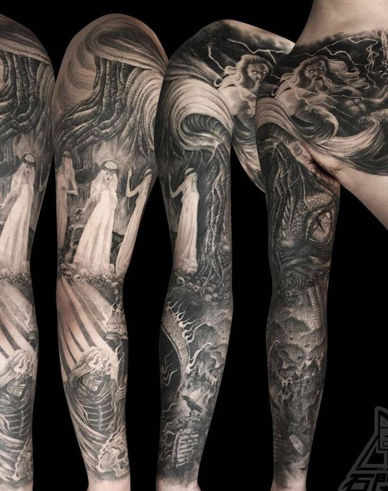 花臂纹身图片_成品手臂欧美写实肖像人物鬼神宗教动物纹身图案