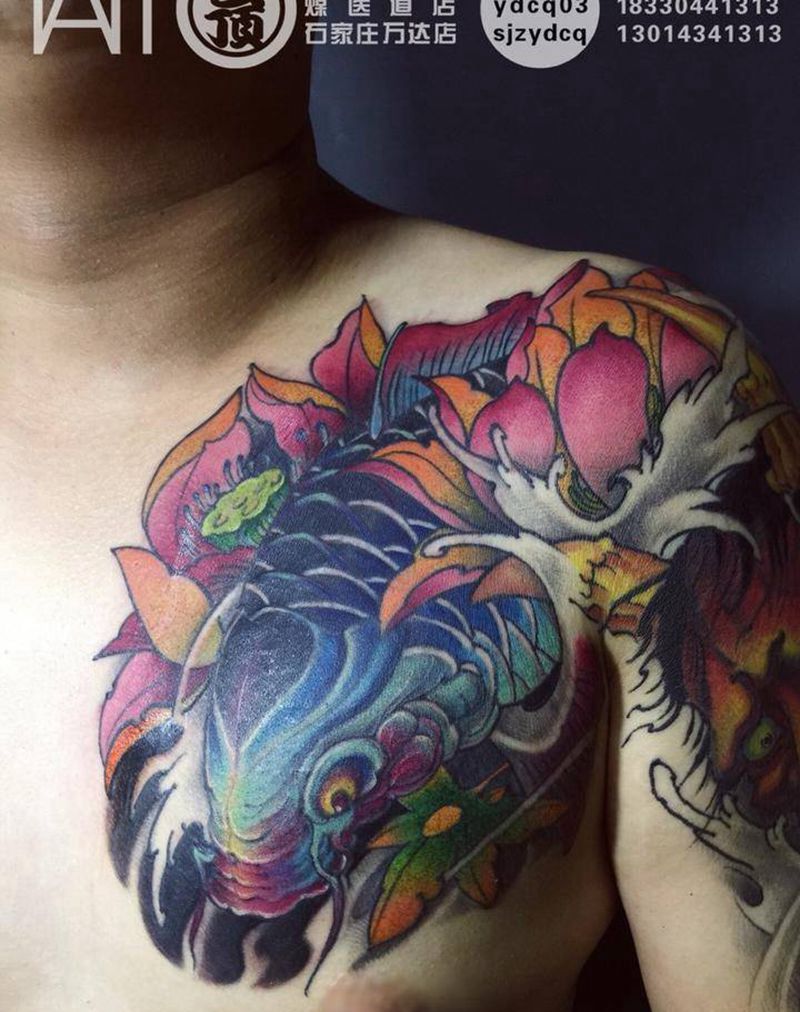 般若 鱼 半胛纹身图片_成品手臂胸部传统动物鬼神人物宗教原创纹身图案