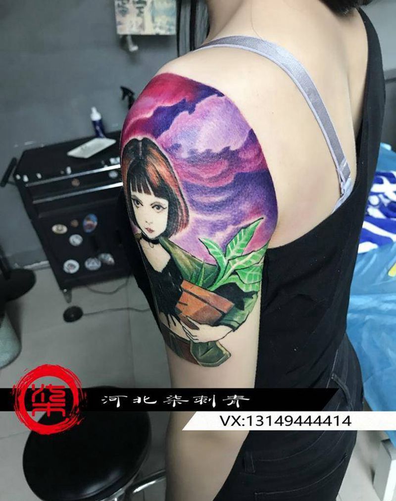 这个杀手不太冷纹身图片_成品插画肩部手部颈部欧美肖像清新人物遮盖纹身图案