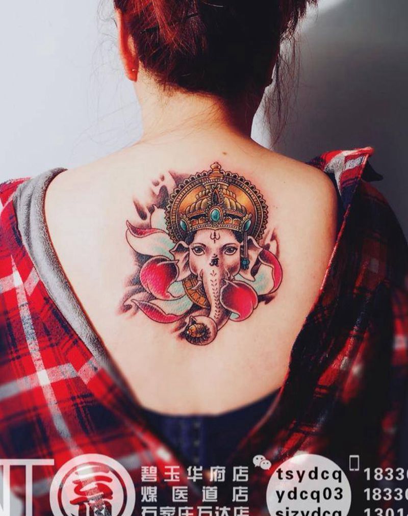 小象神纹身图片_成品背部习俗传统宗教鬼神动物原创纹身图案