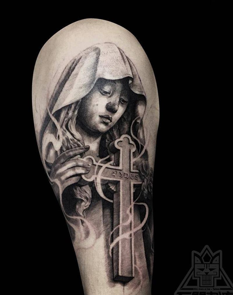 圣母纹身图片_成品手臂欧美写实肖像宗教鬼神人物纹身图案