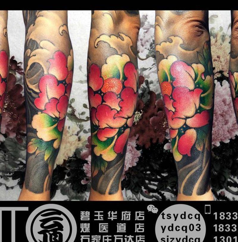 牡丹花臂纹身图片_成品手臂传统植物原创纹身图案