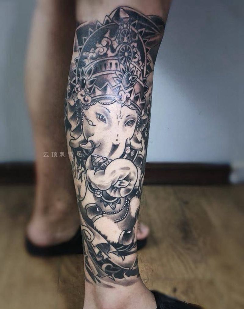 象神包小腿纹身图片_成品腿部传统习俗原创宗教鬼神纹身图案