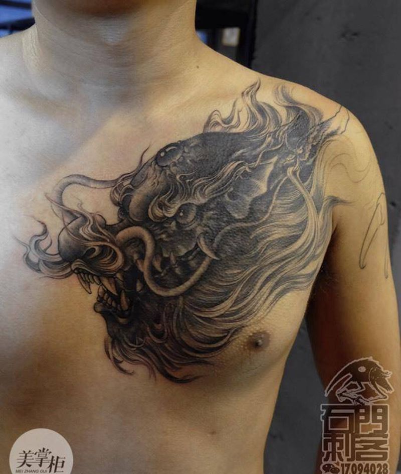 龙啊龙纹身图片_传统写实动物胸部纹身图案