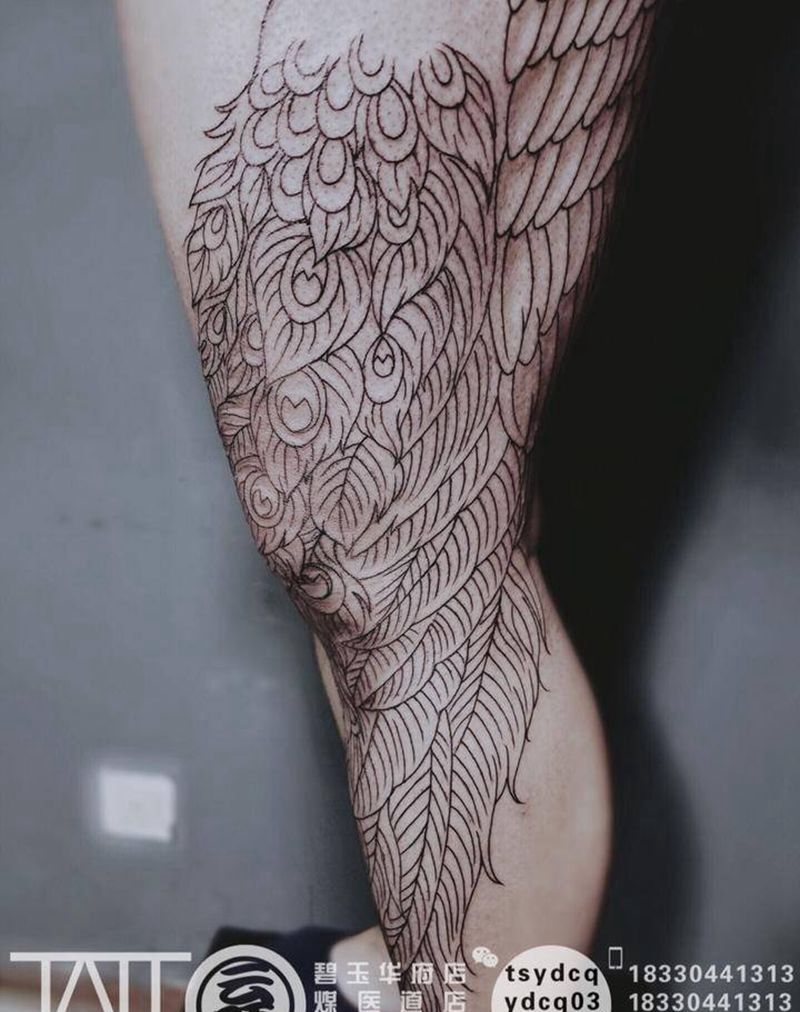 孔雀 割线完成纹身图片_成品腿部传统动物原创纹身图案