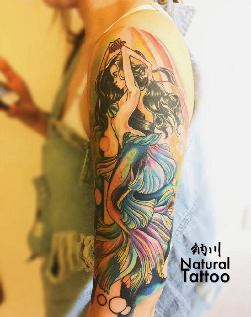 美人鱼，拼接花臂纹身图片_未完成品手臂欧美贴纸动物鬼神人物卡通纹身图案