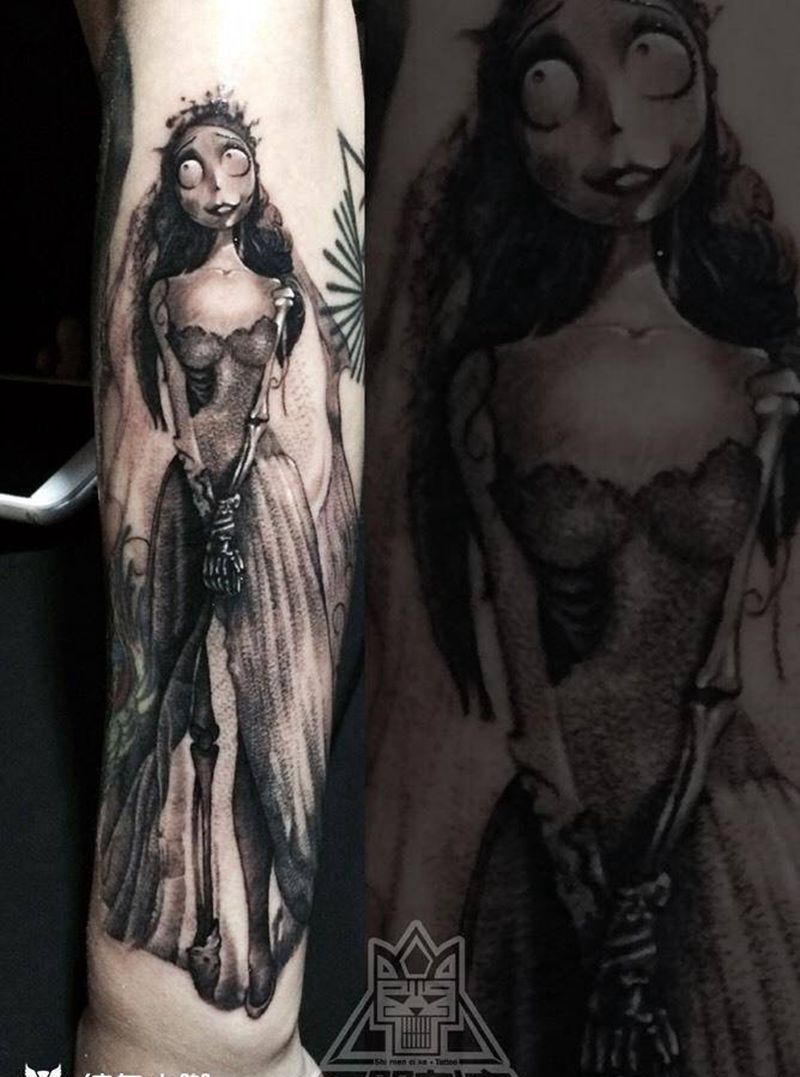 僵尸新娘纹身图片_成品手臂欧美写实肖像人物纹身图案