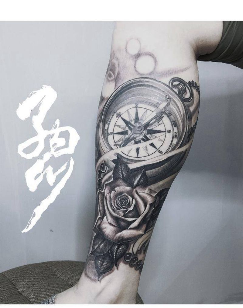 指南针纹身图片_成品腿部欧美写实植物静物原创黑白纹身图案