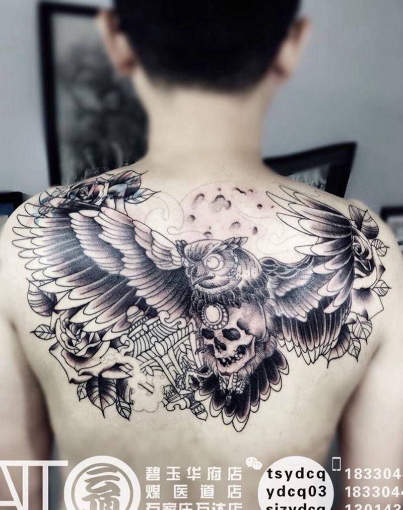 猫头鹰 未完待续纹身图片_成品背部欧美原创动物植物纹身图案