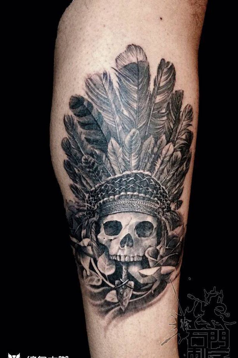 印第安骷髅纹身图片_成品腿部欧美写实鬼神纹身图案