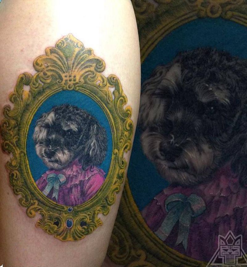 雪纳瑞纹身图片_成品腿部欧美写实肖像动物纹身图案