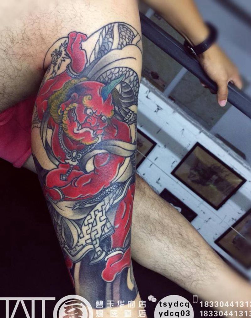 风神纹身图片_成品腿部传统习俗鬼神人物宗教原创纹身图案