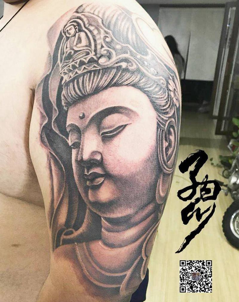 普贤菩萨纹身图片_成品手臂传统肖像鬼神人物宗教黑白纹身图案