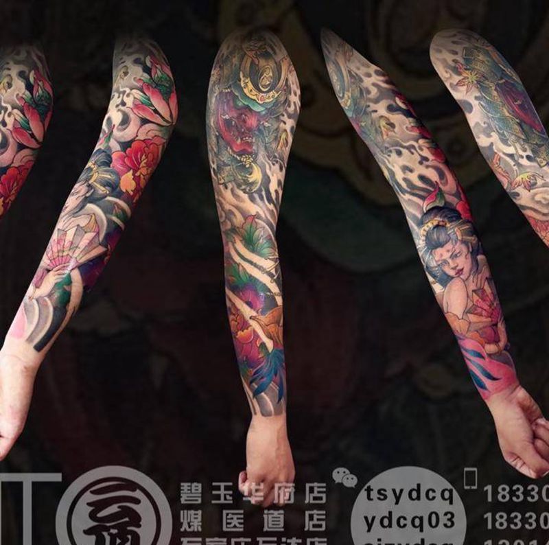 传统花臂拼接纹身图片_成品手臂传统国画习俗宗教鬼神原创植物纹身图案