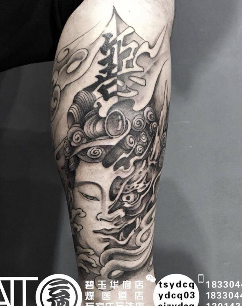 善恶纹身图片_成品手臂传统习俗宗教鬼神原创人物纹身图案