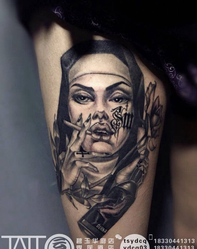 疯狂修女纹身图片_成品腿部欧美肖像写实原创人物纹身图案