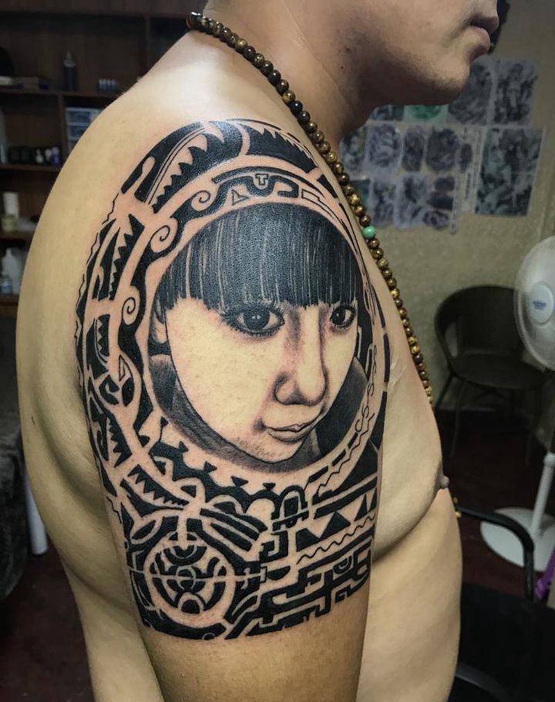 玛雅图腾纹身图片_成品肖像手臂纹身图案