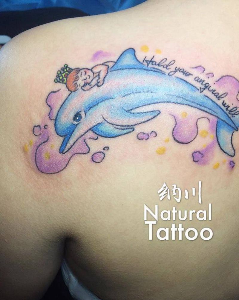 客人自带图纹身图片_成品背部清新泼墨卡通插画动物人物纹身图案