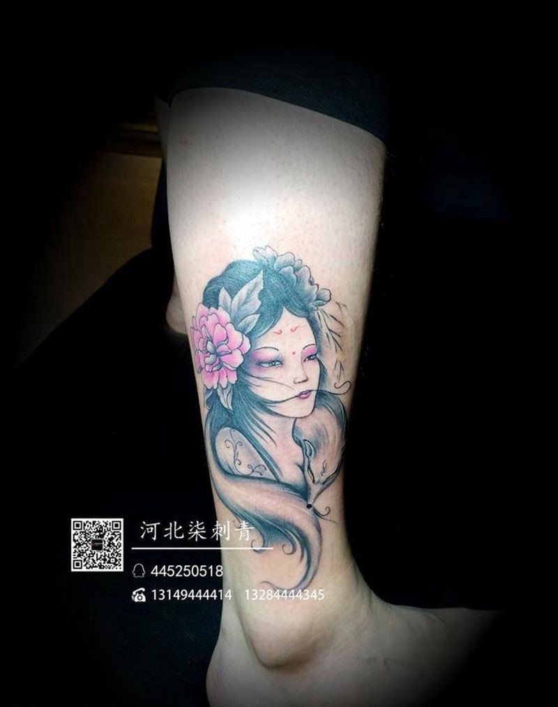 狐仙纹身图片_成品腿部传统人物纹身图案