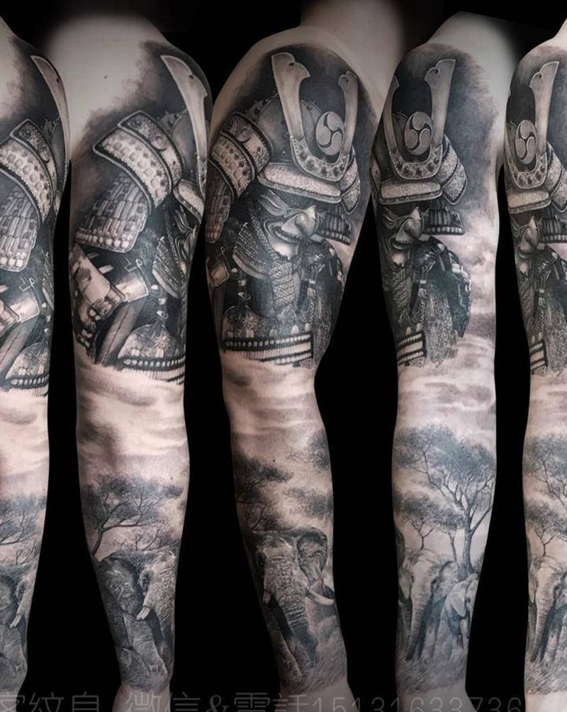 花臂纹身图片_成品手臂写实欧美人物鬼神动物纹身图案