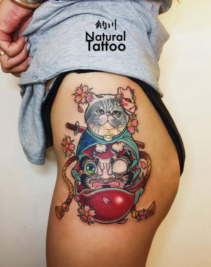 客人家的猫纹身图片_成品腿部卡通原创动物日式新派纹身图案