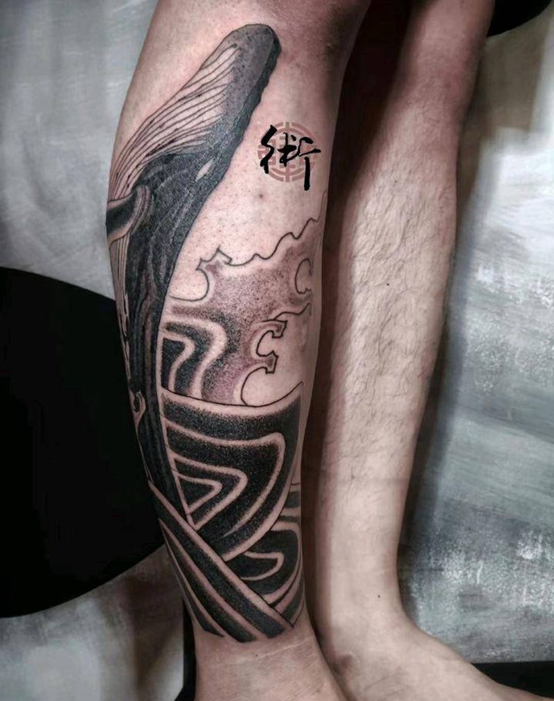 鲸（未完）纹身图片_腿部新传统鲸鱼 浪纹身图案