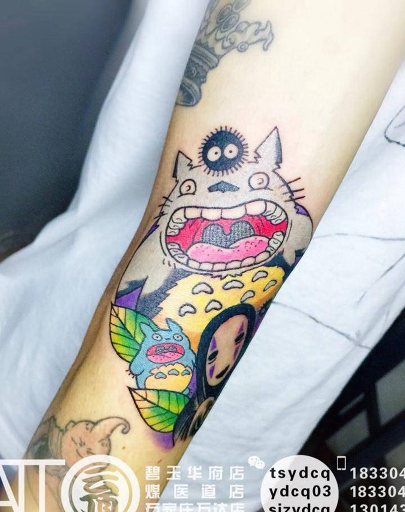 欧美花臂拼接 龙猫纹身图片_成品手臂欧美清新动物原创人物鬼神纹身图案