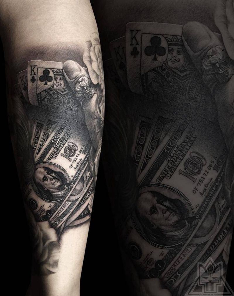 扑克美元纹身图片_成品腿部欧美写实静物纹身图案