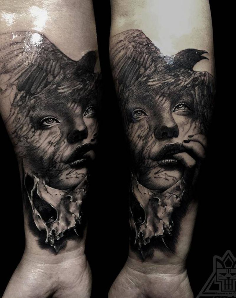 小臂纹身图片_成品手臂欧美写实肖像人物动物纹身图案