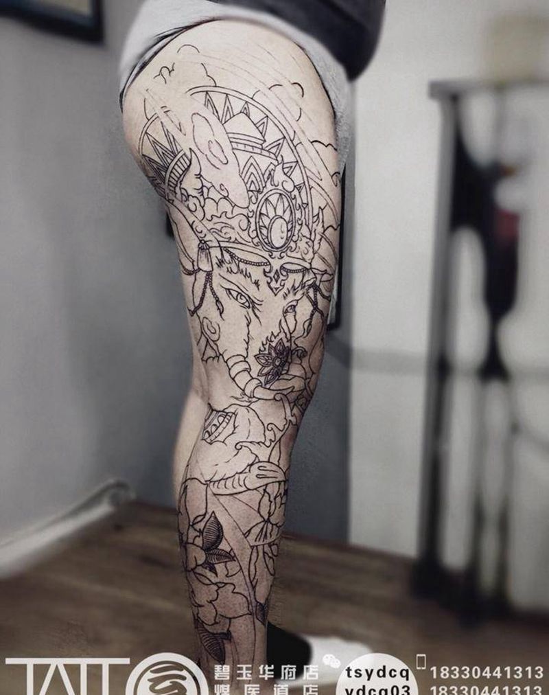 象神花腿的线纹身图片_成品腿部传统动物鬼神宗教原创纹身图案