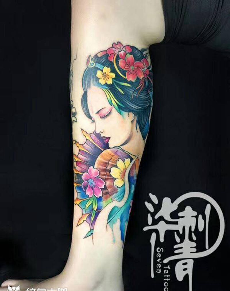 古典美女纹身图片_成品腿部肖像传统人物纹身图案