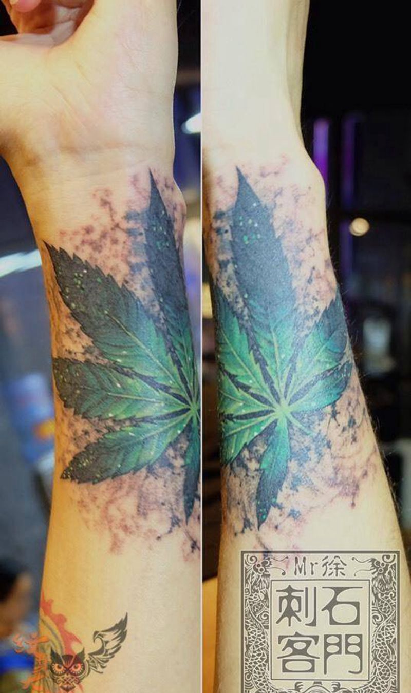 麻叶纹身图片_成品手臂欧美写实植物原创纹身图案