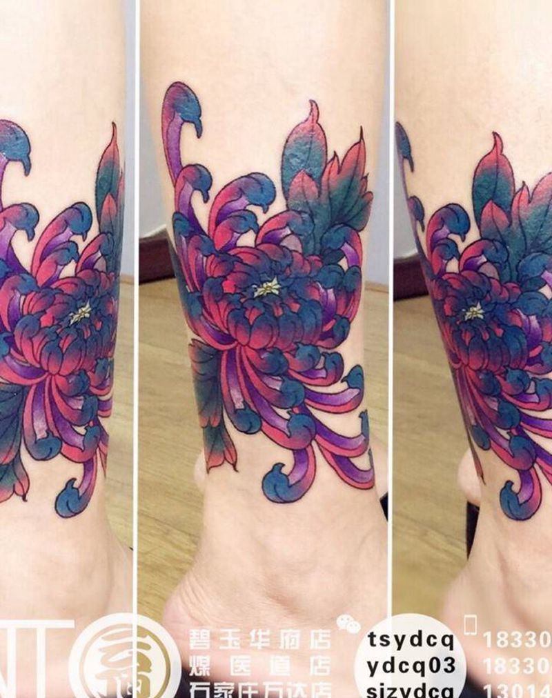 菊花强力覆盖纹身图片_成品腿部传统静物植物原创纹身图案