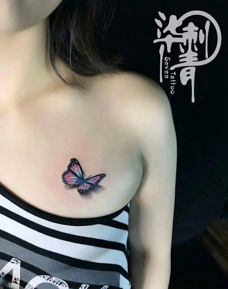 3D蝴蝶纹身图片_成品颈部清新传统动物纹身图案