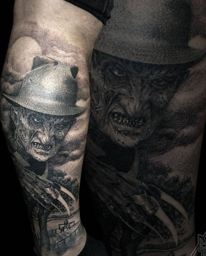 弗莱迪纹身图片_成品腿部欧美写实人物原创肖像纹身图案