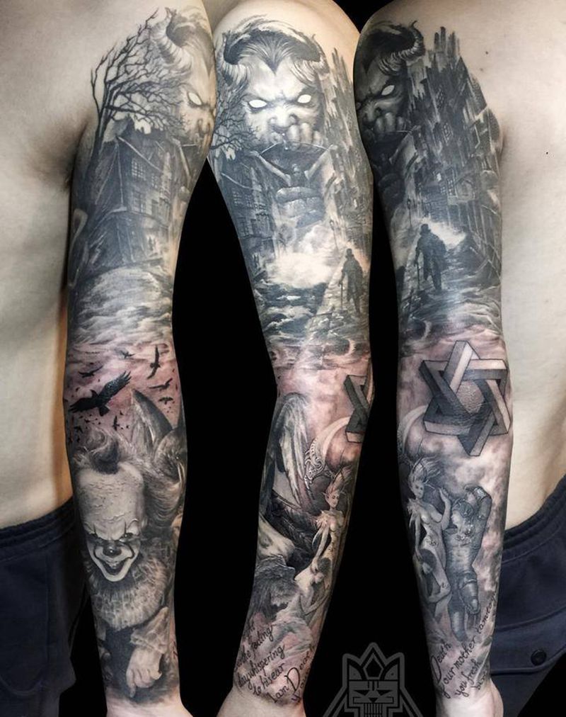 欧美花臂纹身图片_成品手臂欧美肖像写实鬼神人物宗教纹身图案