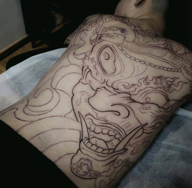 大黑天纹身图片_背部新传统大黑天纹身图案