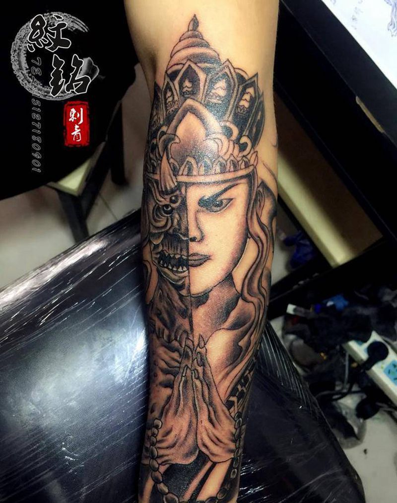 一念之间包小臂纹身图片_成品手臂传统人物纹身图案