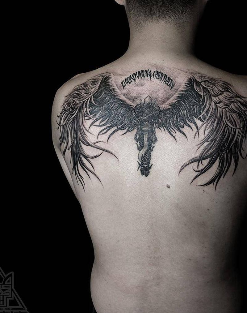 守护天使纹身图片_成品背部欧美写实肖像人物鬼神宗教纹身图案
