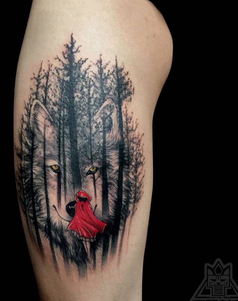 大灰狼的小红帽纹身图片_成品腿部欧美人物动物纹身图案