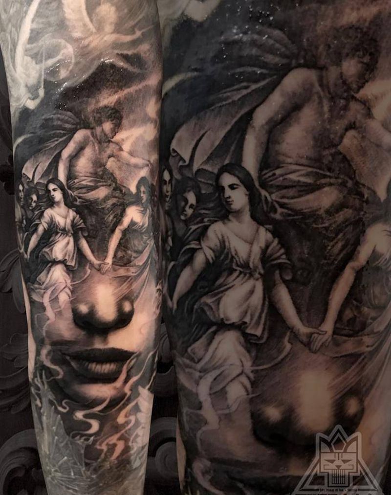 一群人纹身图片_手臂欧美写实天使纹身图案