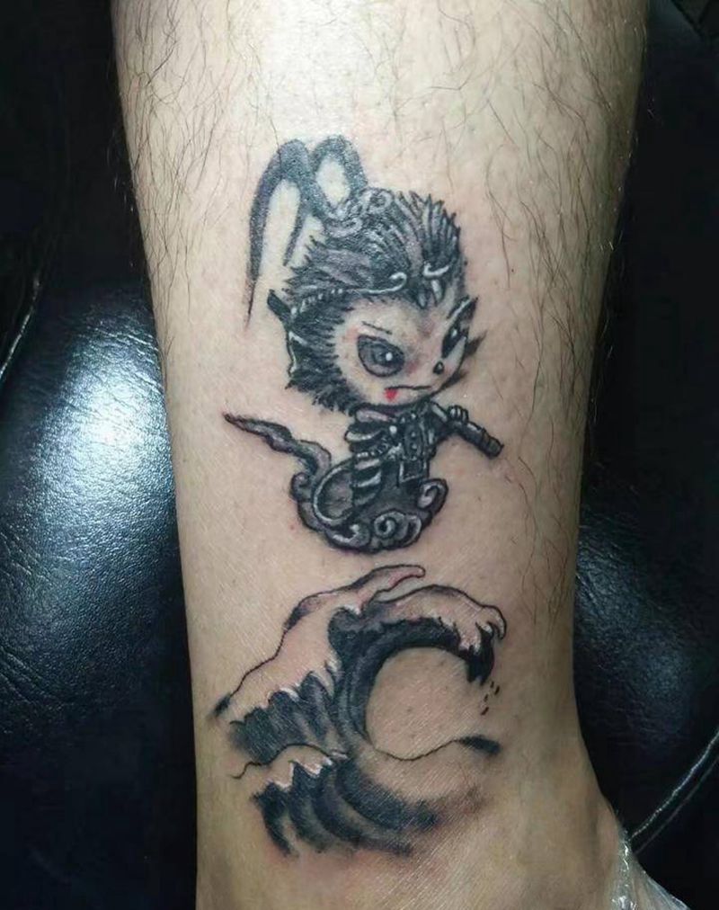 悟空过海纹身图片_腿部新传统悟空纹身图案