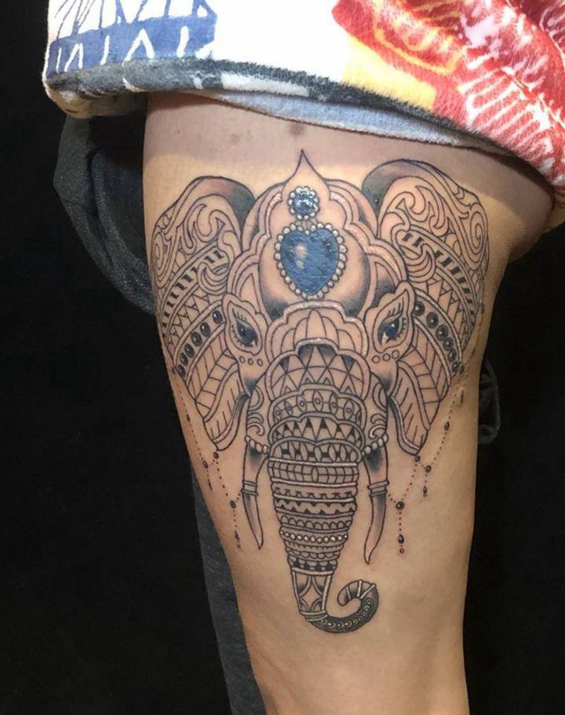 象神纹身图片_腿部图腾几何纹身图案