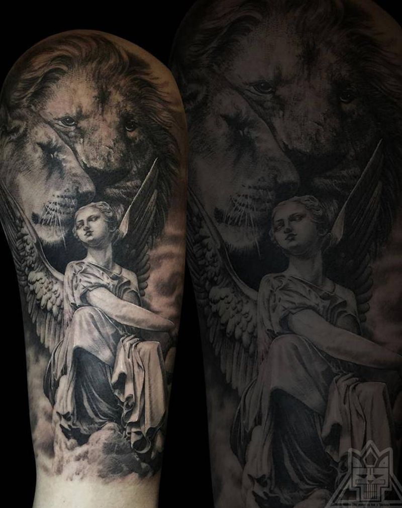大臂纹身图片_成品手臂欧美写实肖像人物动物宗教纹身图案