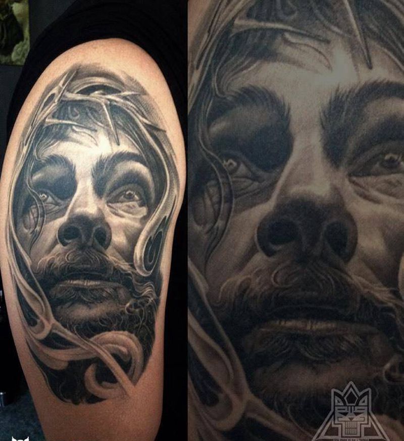 耶稣恢复后纹身图片_成品手臂欧美写实人物鬼神宗教纹身图案