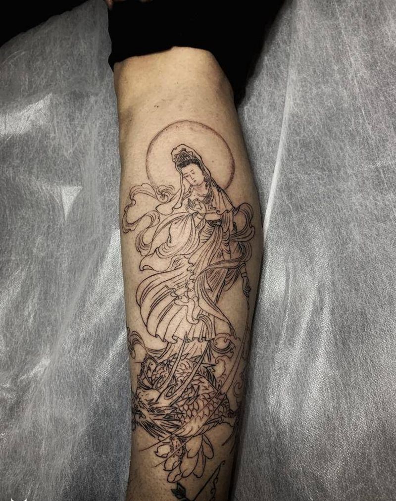 御龙观音纹身图片_腿部新传统御龙观音观音纹身图案