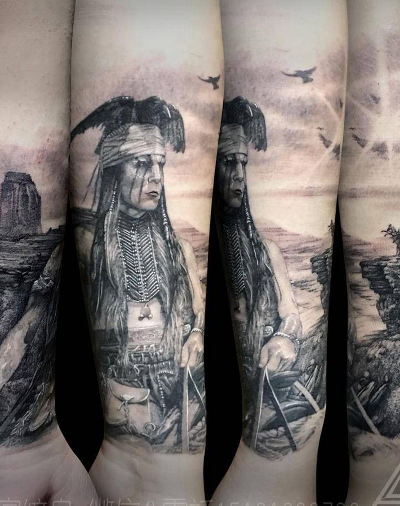 美国西部题材花臂纹身图片_成品手臂欧美写实肖像人物静物纹身图案