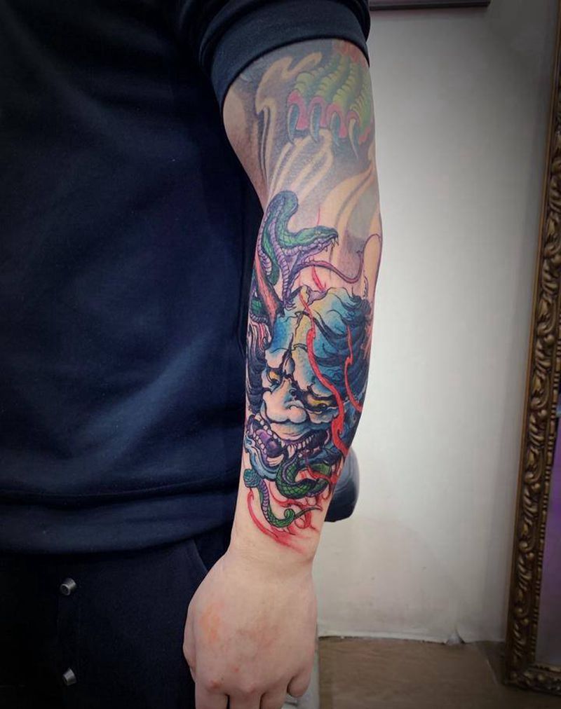 接花臂纹身图片_手臂新传统纹身图案