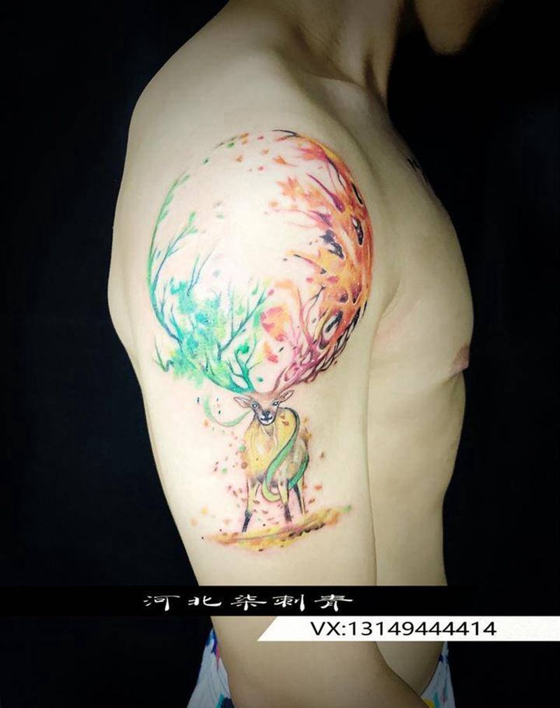 鹿纹身图片_成品手臂清新动物原创纹身图案