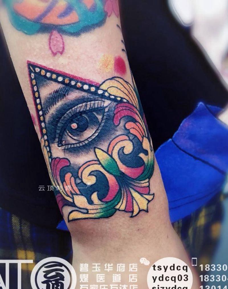 欧美花臂拼接 全视之眼纹身图片_手臂New School纹身图案